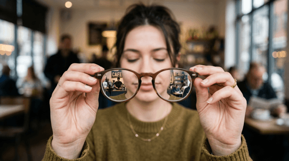 Woman about to wear eyeglasses