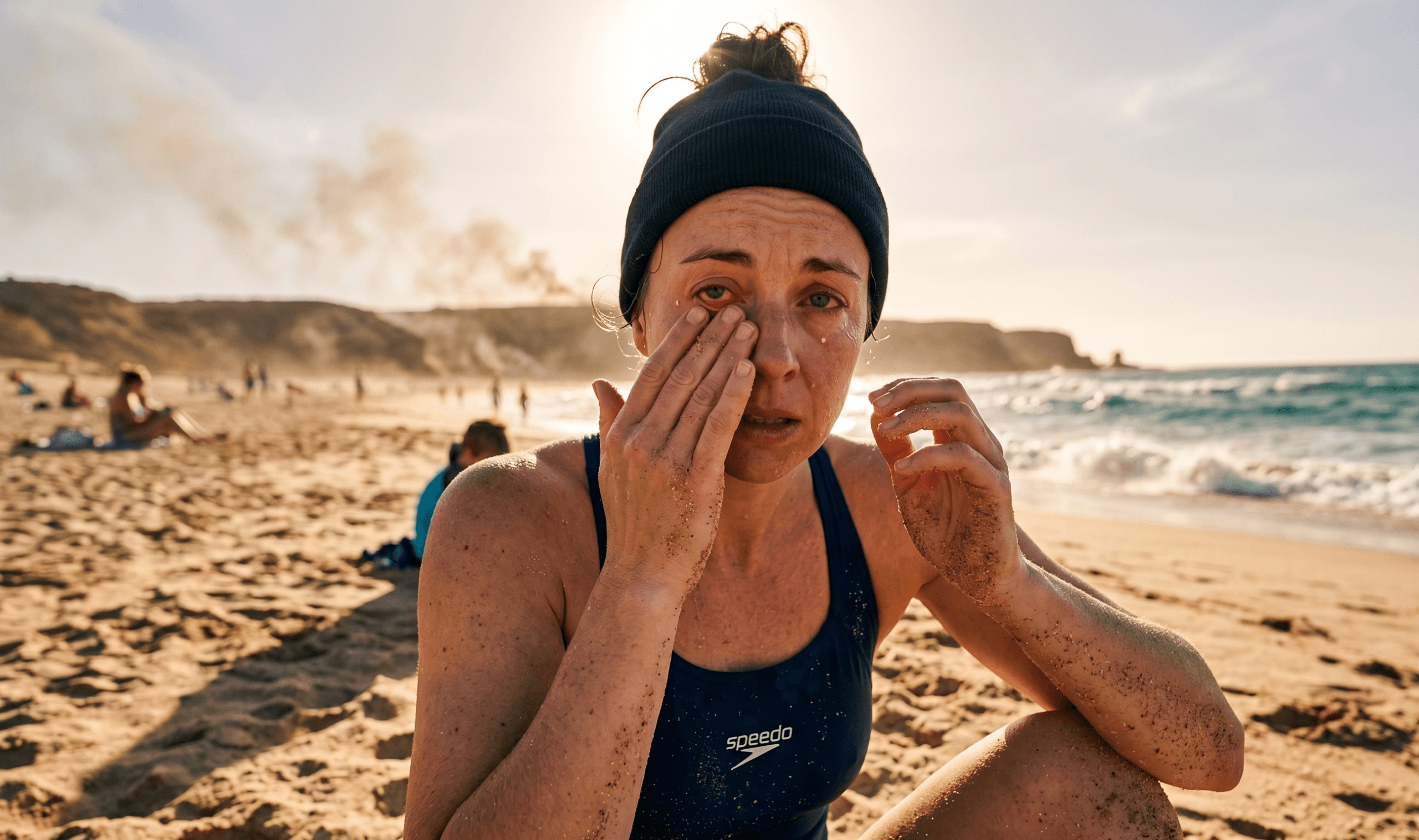 Swimmer wearing contact lenses on the beach